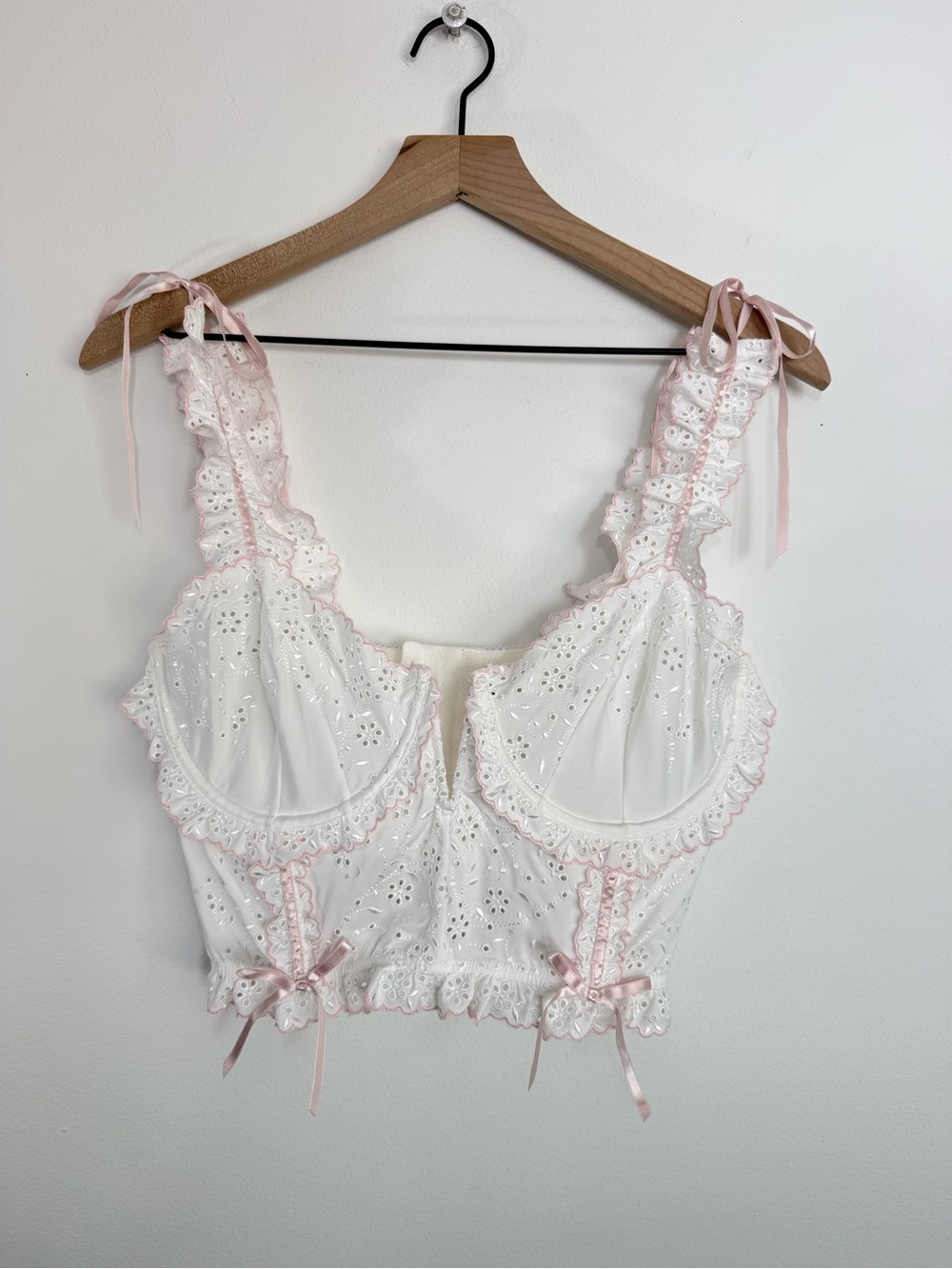 For Love & Lemons Eyelet Swirl Bustier Top White Pink 38C Rare Size Coquette